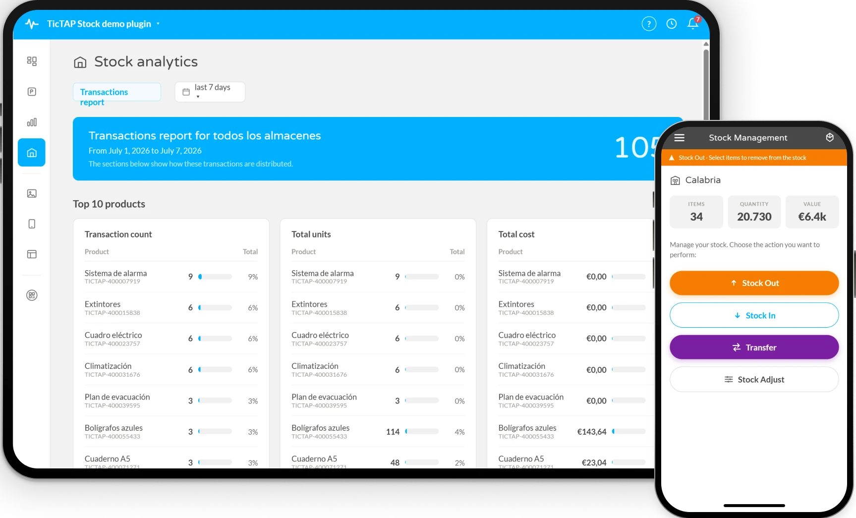 Mockup del móvil: nota de voz del técnico y el sistema mostrando el artículo reconocido con movimiento de stock generado